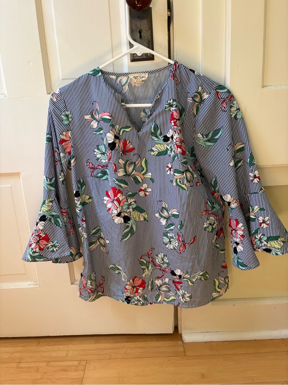 Floral Stripe 100% Cotton V-Neck Bell Sleeve Top - Blue